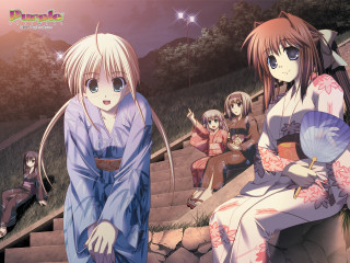 Anime girls stairs parasol kimono - a man holding free wallpaper