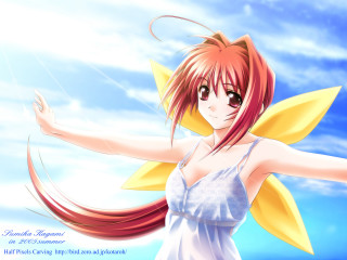 Red haired girl white dress - a blue sky behind her free wallpaper