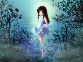 Girl blue dress field moon - a field of grass and trees free wallpaper