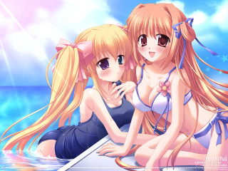 Anime girls surfboard water blonde - their back free wallpaper for desktop