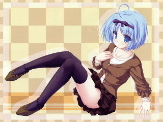 Bluehair woman checkered floor crossedlegs - black stocking free wallpaper