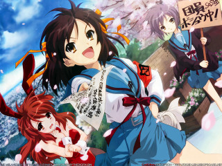 Anime girls sakura uniforms flowers - flower and trees free wallpaper