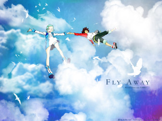 Flying children birds cloudy sky - two person free wallpaper for desktop