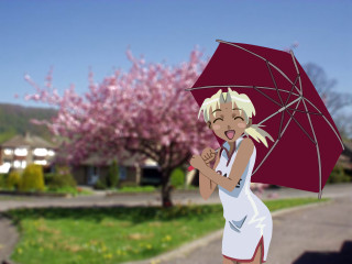 Blonde woman red umbrella cherry - a woman holding free wallpaper