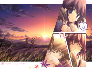 Anime hugging couple autumn sunset - behind them free wallpaper for desktop