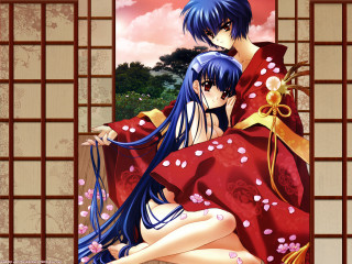 Anime couple sitting flower kimono - a couple of anime characters sitting next free wallpaper for desktop