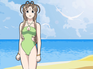 Cartoon woman green swimsuit beach - anime girl free wallpaper