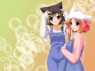 Anime girls hats overalls pillows - one holding free wallpaper