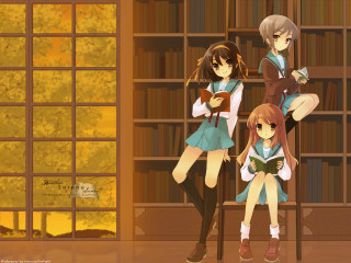 Three girls library reading kimono - a bookcase free wallpaper