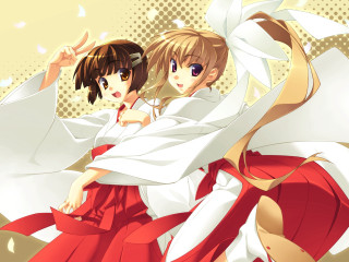 Anime girls red white hakama - one holding free wallpaper