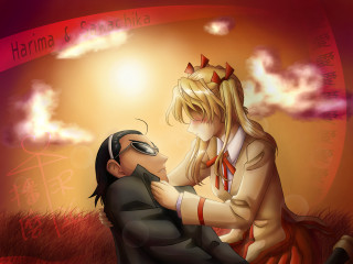 Romantic manga kneeling aniwave sunset - a sky background behind her free wallpaper