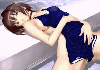 Woman blue dress pool ayako - anime visual free wallpaper