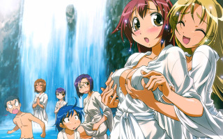 Anime group waterfall beach girls - context art free wallpaper for desktop