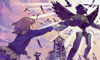 Flying angel birds building anime - a building in the background free wallpaper