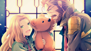 Anime couple holding teddy bear - a window behind them free wallpaper