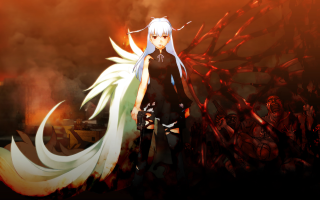 White hair anime girl sword - red smoke free wallpaper