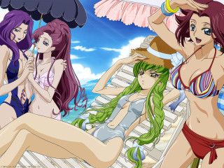 Beach umbrella 4girls bikinis longhair - three woman free wallpaper
