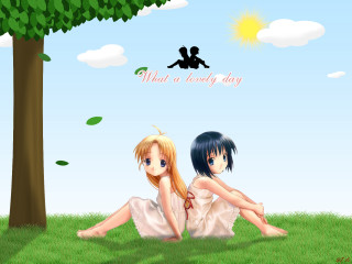 Anime girls sitting under tree - sunny day free wallpaper