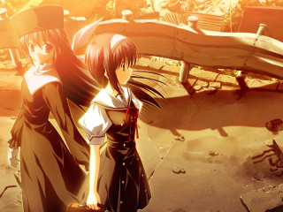 Anime girls courtyard playground sunset - serial art free wallpaper for desktop