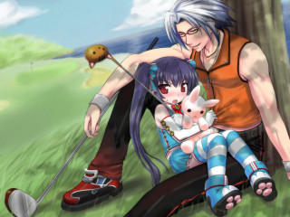 Fantasy anime illustration couple cat - a man and a woman sitting next free wallpaper