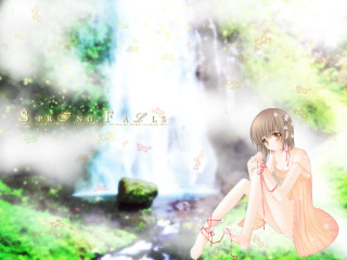 Girl waterfall holography anime barefoot - a rock in front free wallpaper