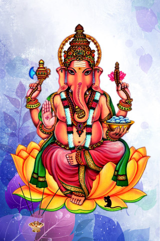 Ganesha lotus flower water pot - official art free wallpaper for mobile
