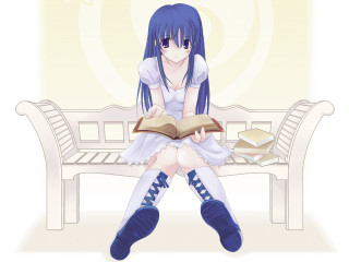Girl bench reading bluehair purpleeyes - a book free wallpaper