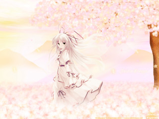 Girl white dress flower field - a pink sky in the background free wallpaper