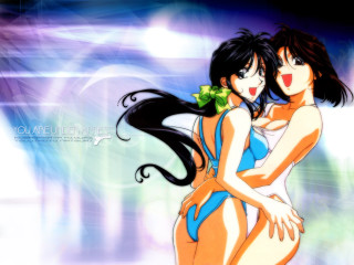 Anime girls hugging blue background - a green bow free wallpaper