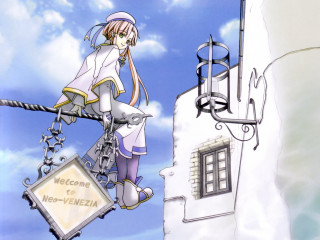 Cartoon girl hanging sign building - a sign free wallpaper for desktop