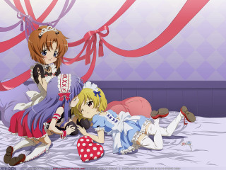 Anime girls bed cat stuffed 2 - their lap free wallpaper