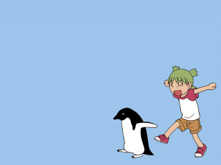 Boy penguin running blue background - a penguin free wallpaper