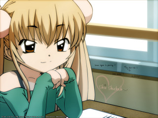 Blonde girl green shirt anime - front of a window free wallpaper