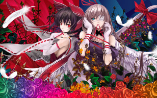 Anime girls roses rainbow umbrella - background free wallpaper for desktop