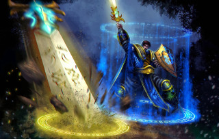 Man sword clock tower blue - a painting of a man holding free wallpaper