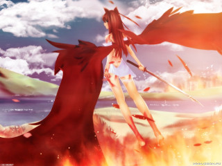 Red cape woman sword fire - a fire and sky background free wallpaper