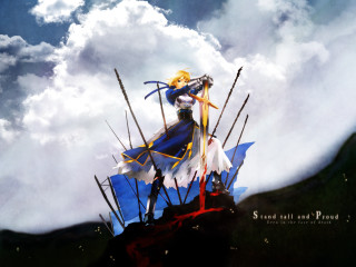 Woman blue dress hill sword - her hand and a sky background free wallpaper