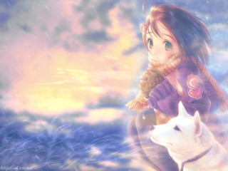 Rainy day girl and dog - computer art free wallpaper for desktop