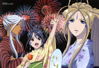 Anime girls fireworks fan kimono - a fan free wallpaper