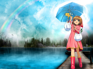 Girl umbrella dock lake rainbow - a dock in front free wallpaper