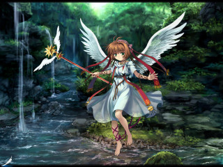 Girl wings sword forest waterfall - a forest free wallpaper for desktop