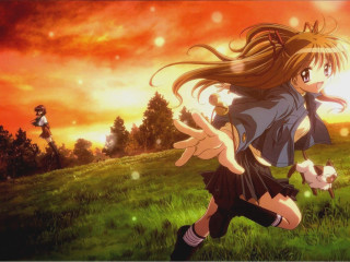 Girl field dog autumn anime - her hand and a man in the background free wallpaper