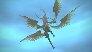 Winged creature outstretched wings sword - against a blue sky free wallpaper