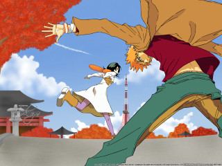 Dancing man woman outdoors autumn - a red tree free wallpaper