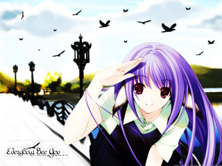 Purple haired girl birds flying - a green shirt free wallpaper