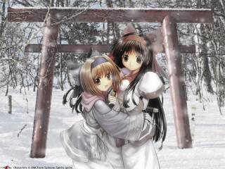 Anime girls hug snow torii - a couple of anime girls free wallpaper