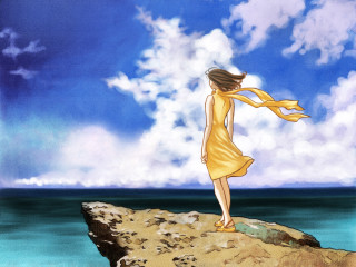 Woman yellow dress ocean wind - a scarf free wallpaper