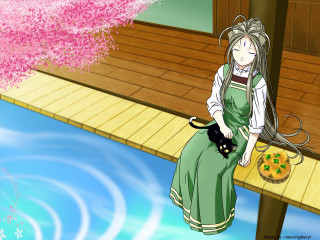 Woman cat dock cherryblossoms seiza - a dock free wallpaper