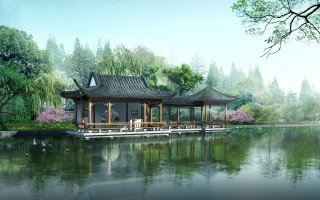 Pavilion lake duck tree background - vray free wallpaper