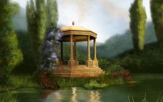Gazebo park flowers pond painting - cherryl fountain free wallpaper